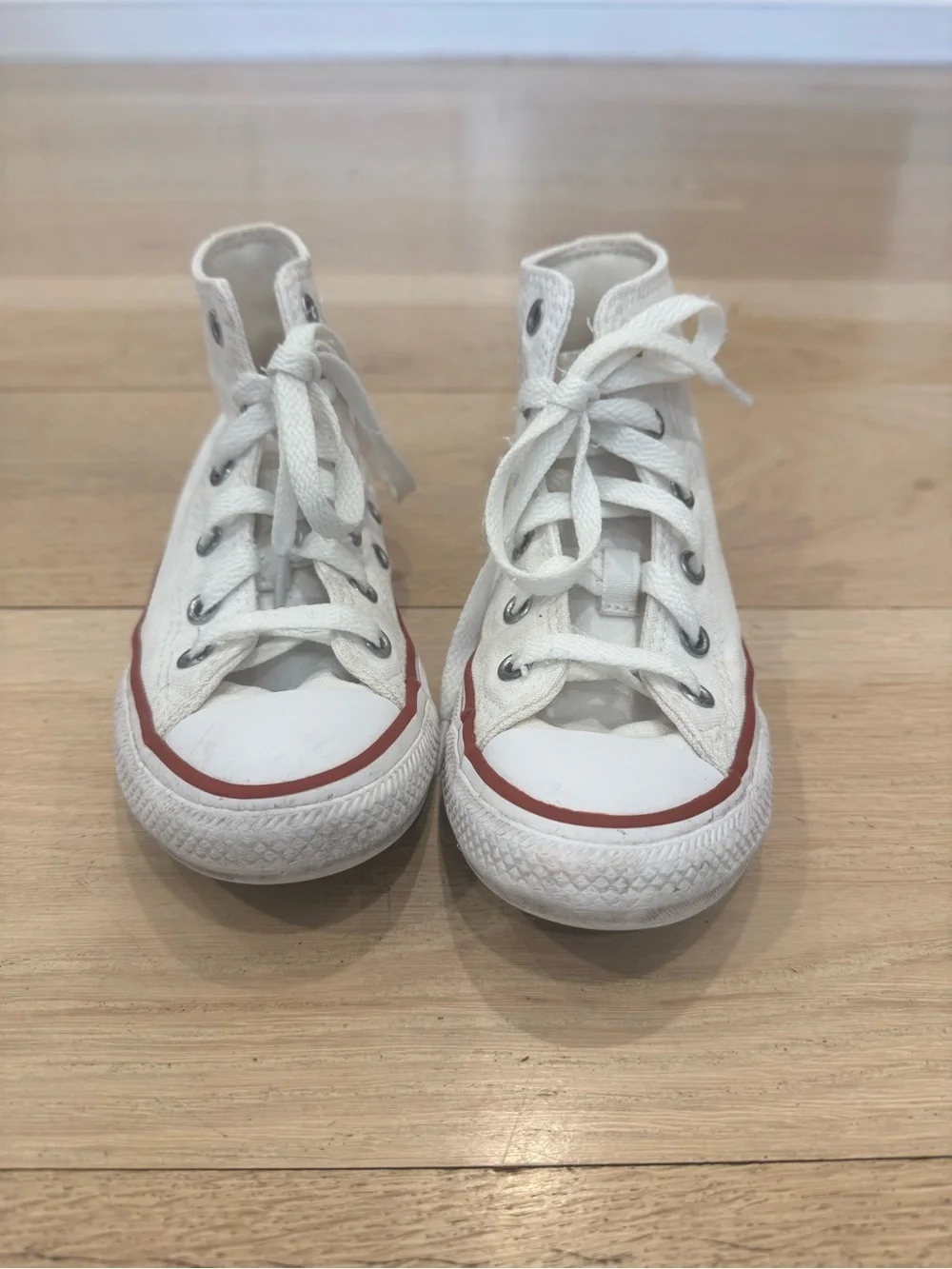Kids Converse All Star White High Top Sneakers with Red & Blue Trim
